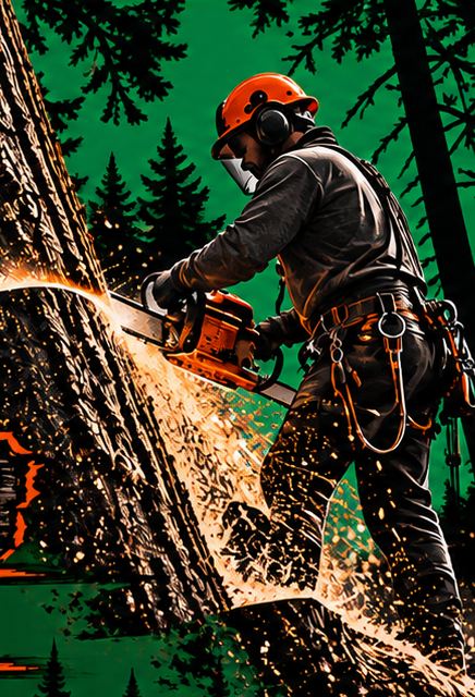 Arborist in an orange helmet cutting through a large tree trunk with a chainsaw